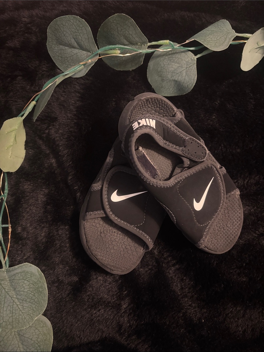 Nike Kids Black Sandals with White Swoosh